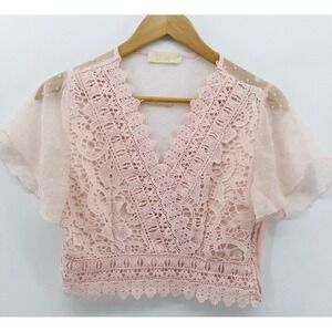 Suye Pink Crochet Lace Crop Top Sheer Sz S Flutter Sleeve Boho Festival JJ33
